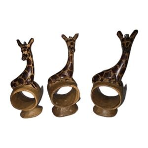 3‎ Hand Carved Napkin Rings African Safari Wooden Animals